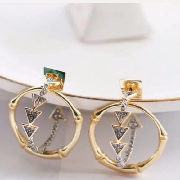 ALEXIS BITTAR • Gold & Silver Bamboo Crystal Double Hoop Orbiting Post Earrings - Picture 6 of 10